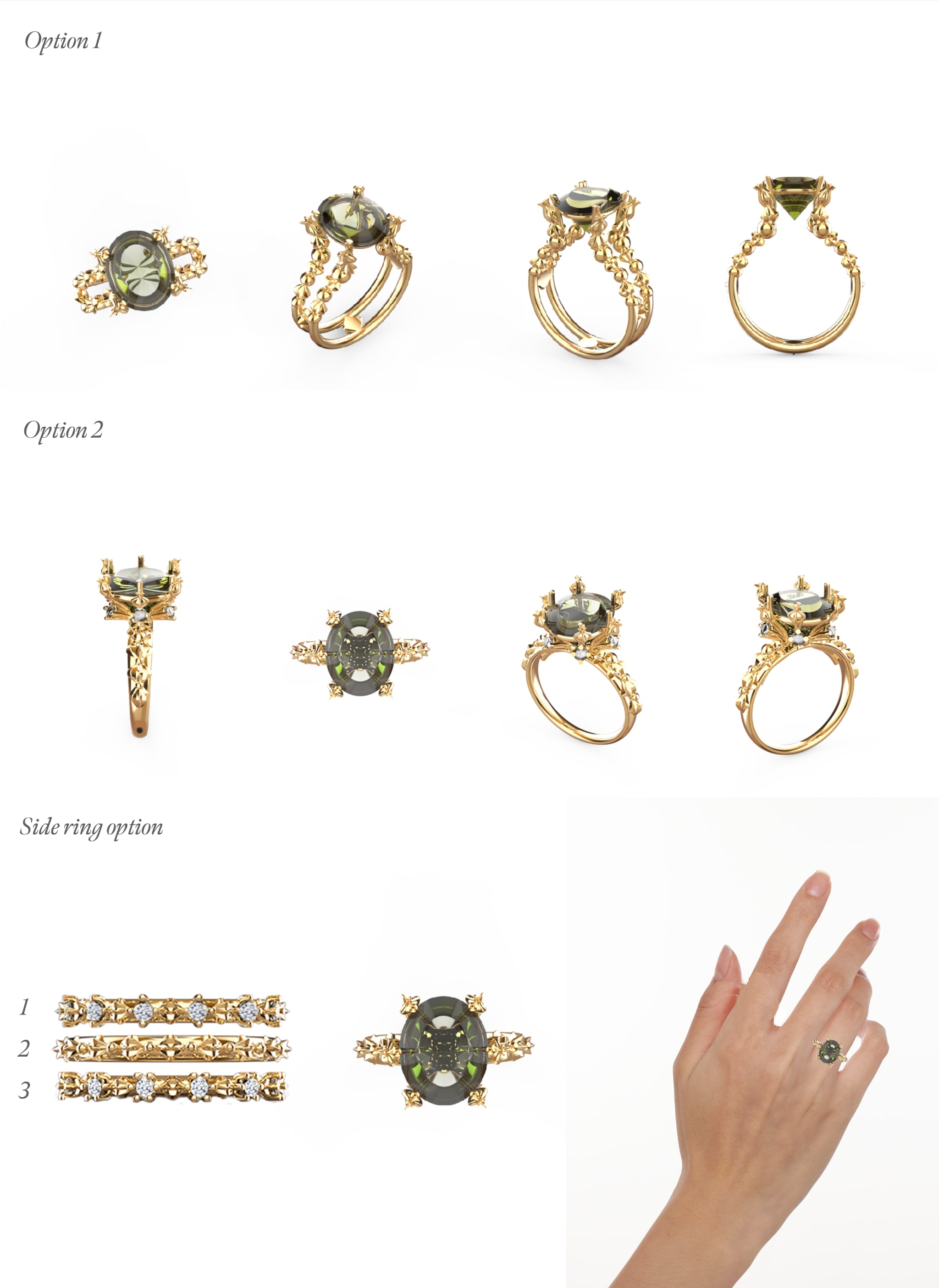 Kumi ring designs — Option 1, Option 2 and side ring studies